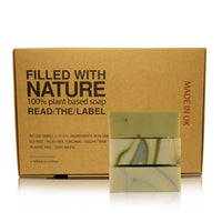 three handmade natural soap bars and a soap box made of recycled paper